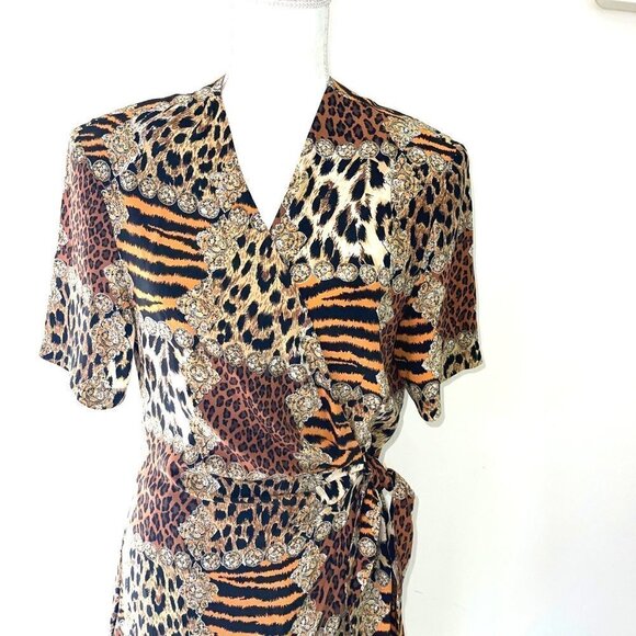 Robbie Bee Silk Dress Womens Size 10 Vintage Animal Print Faux Wrap Side Tie - Picture 3 of 15